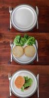 Chronologie de la composition de la cuisine maison d'un burger grillé avec tomates et salade sur une assiette photo