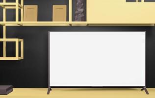 Illustration 3d smart tv sur table jaune et placard jaune prop pour l'espace de copie, rendu 3d fond blanc