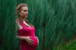 femme enceinte, dans, robe rouge, entre, buissons verts, horizontal photo