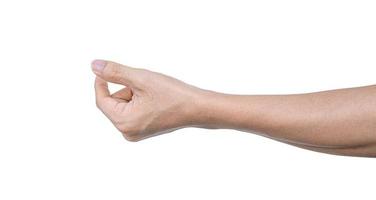 main avec le geste du poing isolé sur fond blanc avec un tracé de détourage. photo
