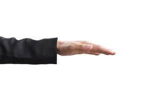 geste de la main d'homme d'affaires en costume isolé sur fond blanc avec un tracé de détourage. photo