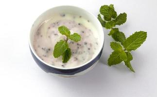 yaourt grec frais au mûrier dans des tasses sur fond blanc photo