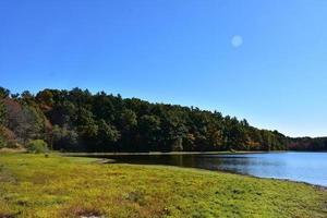 vue panoramique sur un lac entouré d'arbres changeant photo