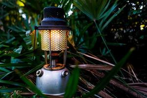 ancienne lampe à huile sur une branche verte dans la forêt.camping, concept extérieur.mise au point douce. photo