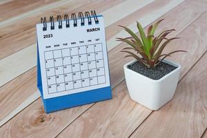 calendrier de bureau de mars 2023 sur le dessus d'une table en bois avec plante en pot. photo