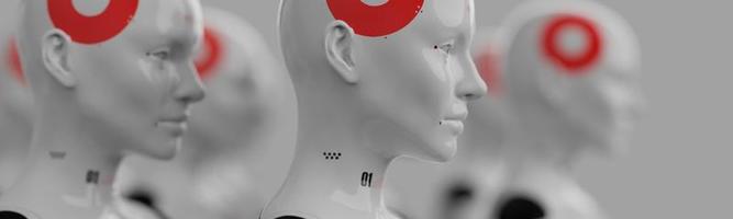 groupe de robots en image féminine debout dans les rangées concept d'intelligence artificielle et de robotique photo
