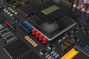 carte de circuit imprimé avec micropuces, processeurs et autres pièces d'ordinateur. rendu 3d sur le thème de la technologie et de la grande puissance de calcul photo