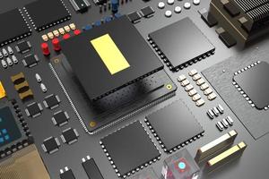 carte de circuit imprimé avec micropuces, processeurs et autres pièces d'ordinateur. rendu 3d sur le thème de la technologie et de la grande puissance de calcul photo