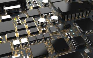 puce de processeur sur une carte de circuit imprimé en rétro-éclairage rouge. illustration 3d sur le thème de la technologie et de la puissance de l'intelligence artificielle. photo