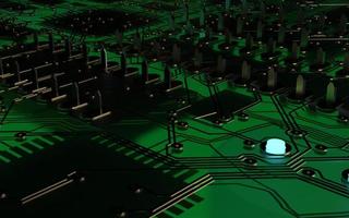 puce de processeur sur une carte de circuit imprimé en rétro-éclairage rouge. illustration 3d sur le thème de la technologie et de la puissance de l'intelligence artificielle. photo