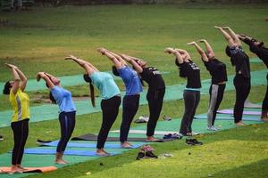 new delhi, inde, 18 juin 2022 - cours de yoga en groupe surya namaskar pour personnes d'âge différent dans le jardin lodhi, journée internationale du yoga, grand groupe d'adultes assistant à un cours de yoga dans le parc photo