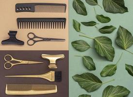 fond avec des outils de coiffeurs sur différentes feuilles colorées et feuilles d'arbres. bannière créative avec accessoires de salon de coiffure, ciseaux, peignes, pinceau à colorier. photo