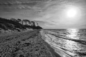 plage ouest sur la mer baltique représentée en noir et blanc photo