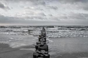 épis sur la plage de la mer baltique à zingst. les vagues se brisent sur le bois photo