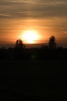 coucher de soleil avec ciel brûlant derrière les arbres. photo