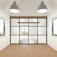 chambre vide nordique avec lampe suspendue et fenêtre, mur blanc et parquet. rendu 3d photo