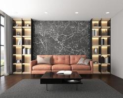 salon de luxe moderne avec canapé en cuir, mur en marbre noir et étagère. rendu 3d photo