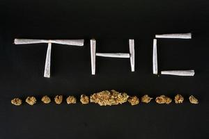 thc écrit avec des joints de marijuana, des bourgeons et des bourgeons photo