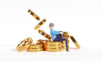 personnage de dessin animé assis sur une montagne de pièces d'or, concept financier, économie d'argent, illustration de rendu 3d. photo