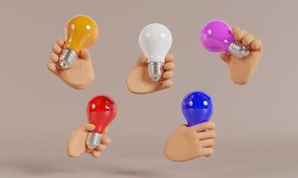 main tenant une ampoule colorée. grand concours d'idées, concept d'idée créative, rendu 3d. photo