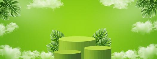 podium de produit avec des feuilles tropicales vertes et des nuages photo