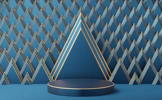 podium de cylindre bleu vide avec bordure dorée sur fond de motif triangle doré art déco. objet de forme géométrique 3d studio minimal abstrait. espace de maquette pour l'affichage de la conception du produit. rendu 3d. photo