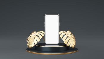 téléphone portable argenté sur podium cylindrique noir avec bordure dorée et feuille de monstera deliciosa sur fond gris. espace de maquette de piédestal minimal pour moderne. smartphone avec écran blanc vierge. rendu 3D. photo