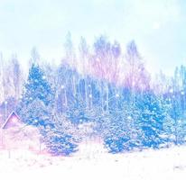 village dans la forêt couverte de neige d'hiver. photo