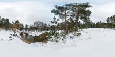 panorama sphérique complet d'hiver vue d'angle à 360 degrés sur la route dans un parc enneigé avec un ciel gris pâle près d'une petite rivière en projection équirectangulaire. contenu vr ar photo