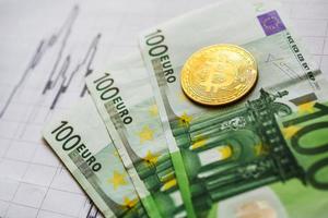 argent virtuel bitcoin doré sur des billets de cent euros et sur fond d'index graphique forex papier. échanger de l'argent bitcoin contre le concept de l'euro photo