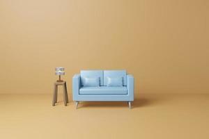 canapé bleu avec lampe sur table en bois illustration 3d, canapé de luxe 2 places vide sur fond de chambre jaune photo