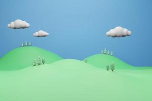 dessin animé mignon arrière-plan rendu d'illustration 3d, nuage de montagne et arbre de couleur pastel photo