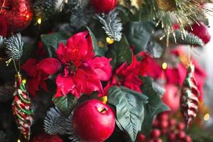 décor rouge sur un sapin de noël composé de pommes et de poinsettias. fond de noël et cadre pour le nouvel an. gros plan, sapin festif avec baies, glaçons, guirlandes. espace pour le texte photo