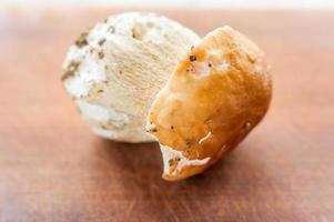 Boletus edulis champignon comestible sur un bureau de cuisine en bois photo