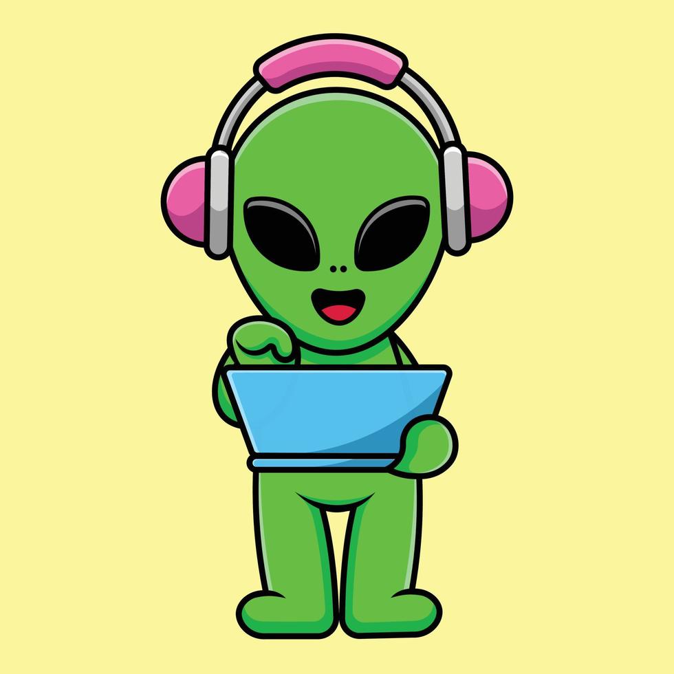 Alien mignon travaillant sur ordinateur portable avec illustration d'icône de vecteur de dessin animé de casque. concept de dessin animé plat de technologie scientifique