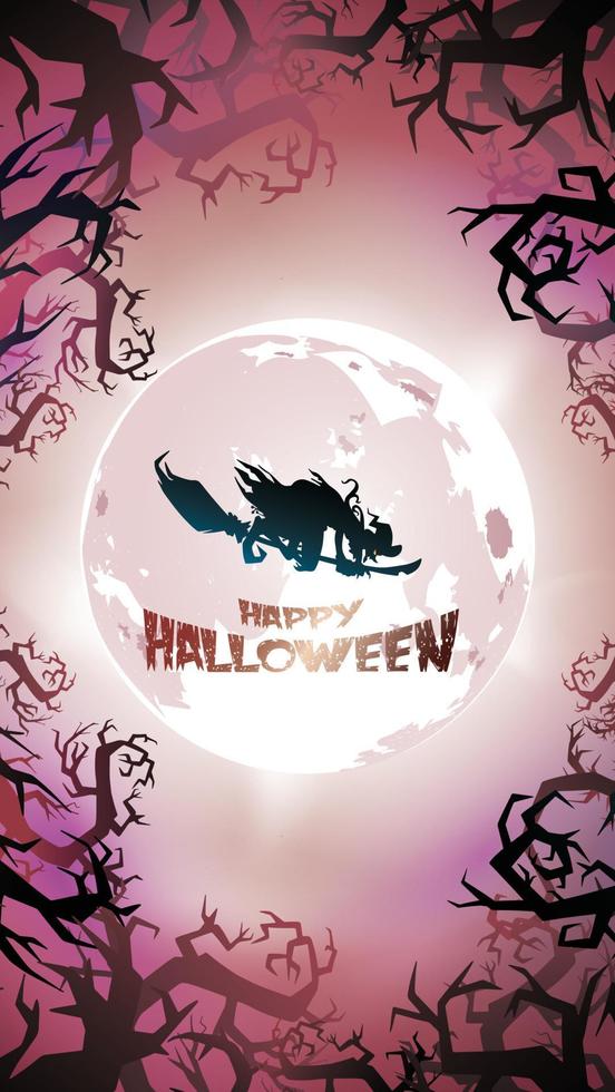 fond de nuit effrayant avec pleine lune, arbres effrayants et silhouettes forestières. bannière d'halloween avec espace de copie pour les salutations, pour la promotion de texte ou l'invitation à une fête. illustration vectorielle vecteur