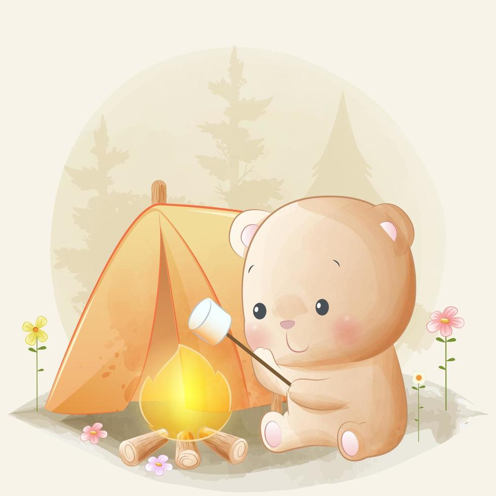 mignon petit ours rôtissant de la guimauve sur une illustration aquarelle de feu de camp vecteur