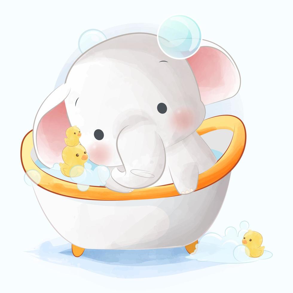 mignon bébé éléphant dans la baignoire avec illustration de jouet de canards vecteur