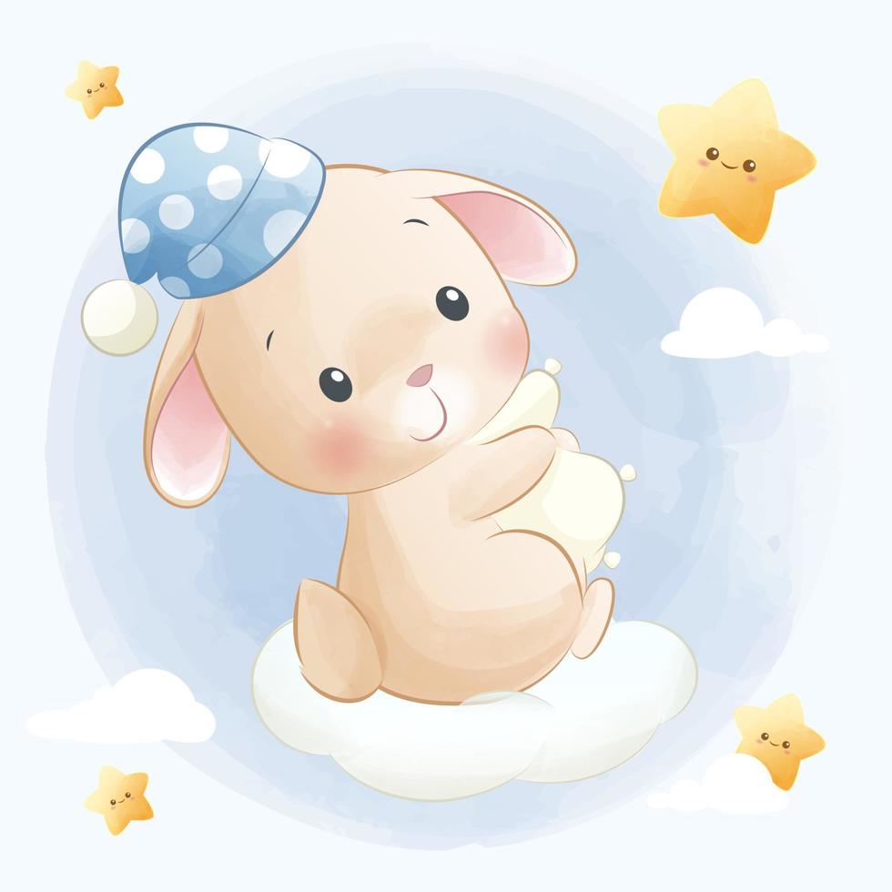 illustration vectorielle dessinée à la main d'un lapin mignon étreignant un oreiller vecteur