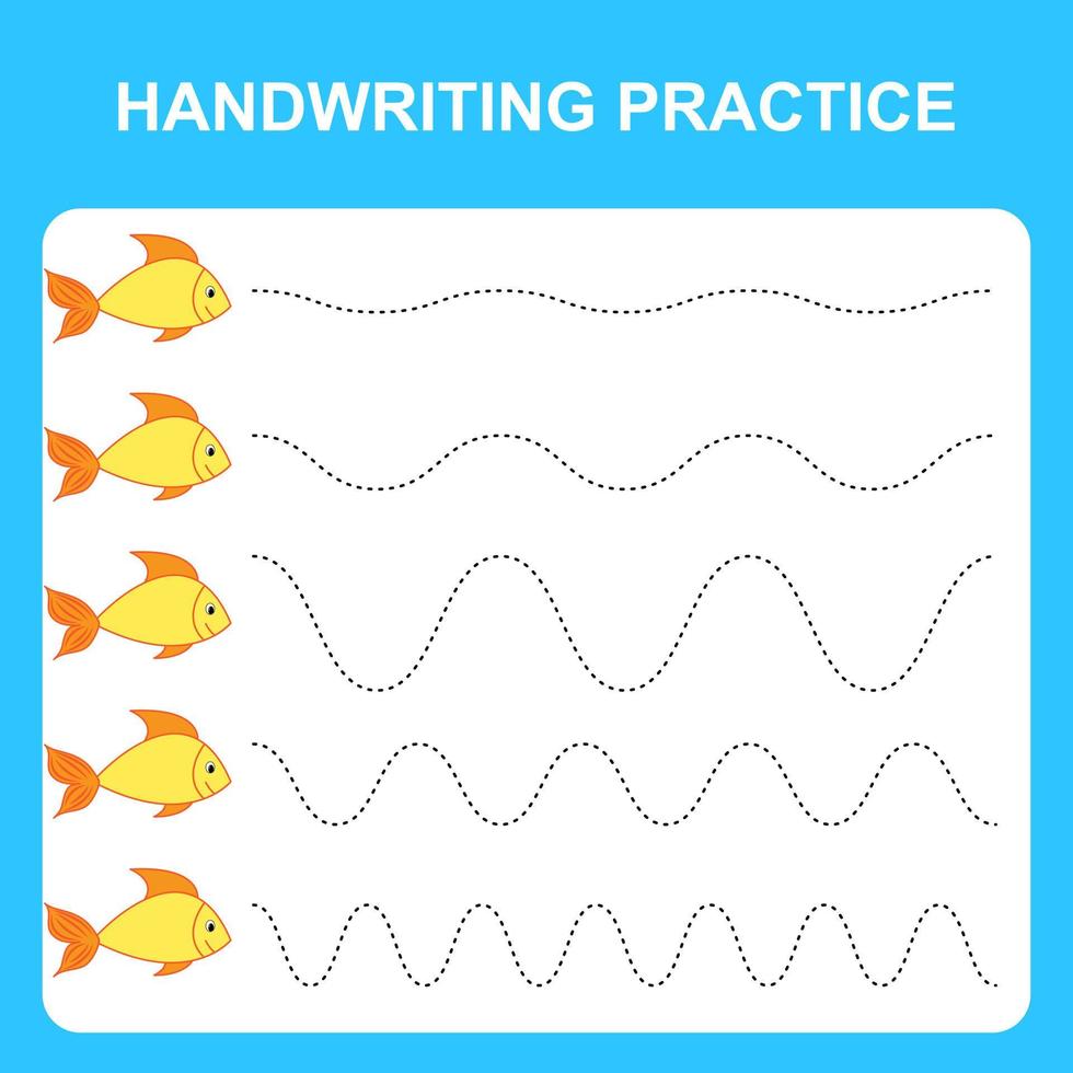 feuille de pratique de l'écriture manuscrite. jeu éducatif pour enfants, restaurez la ligne pointillée. feuille de travail imprimable de formation à l'écriture avec des lignes ondulées et des poissons. illustration vectorielle vecteur