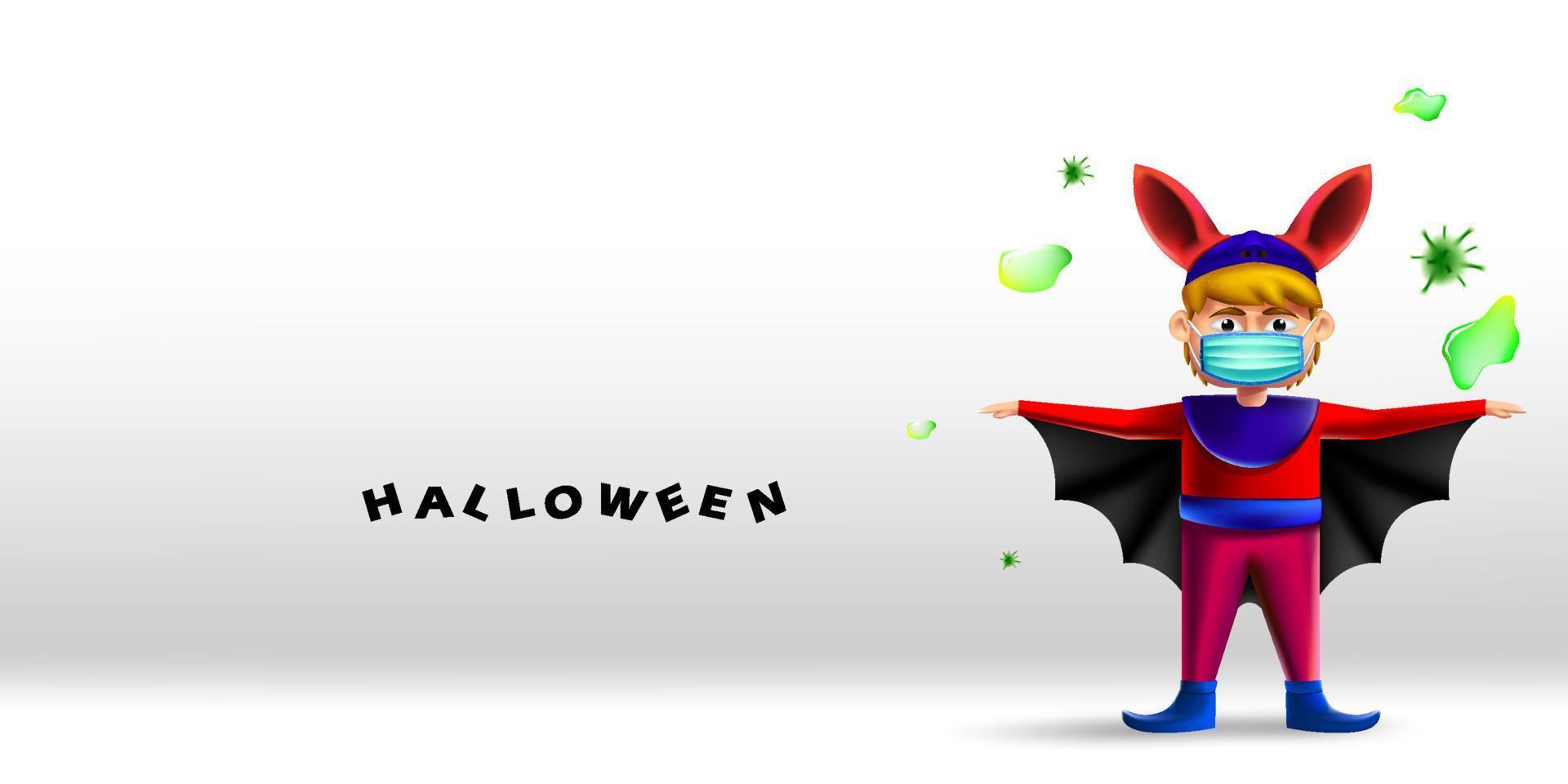 conception de carte de voeux joyeux halloween. enfant avec costume de chauve-souris portant un masque facial protégeant du coronavirus ou du covid-19 vecteur