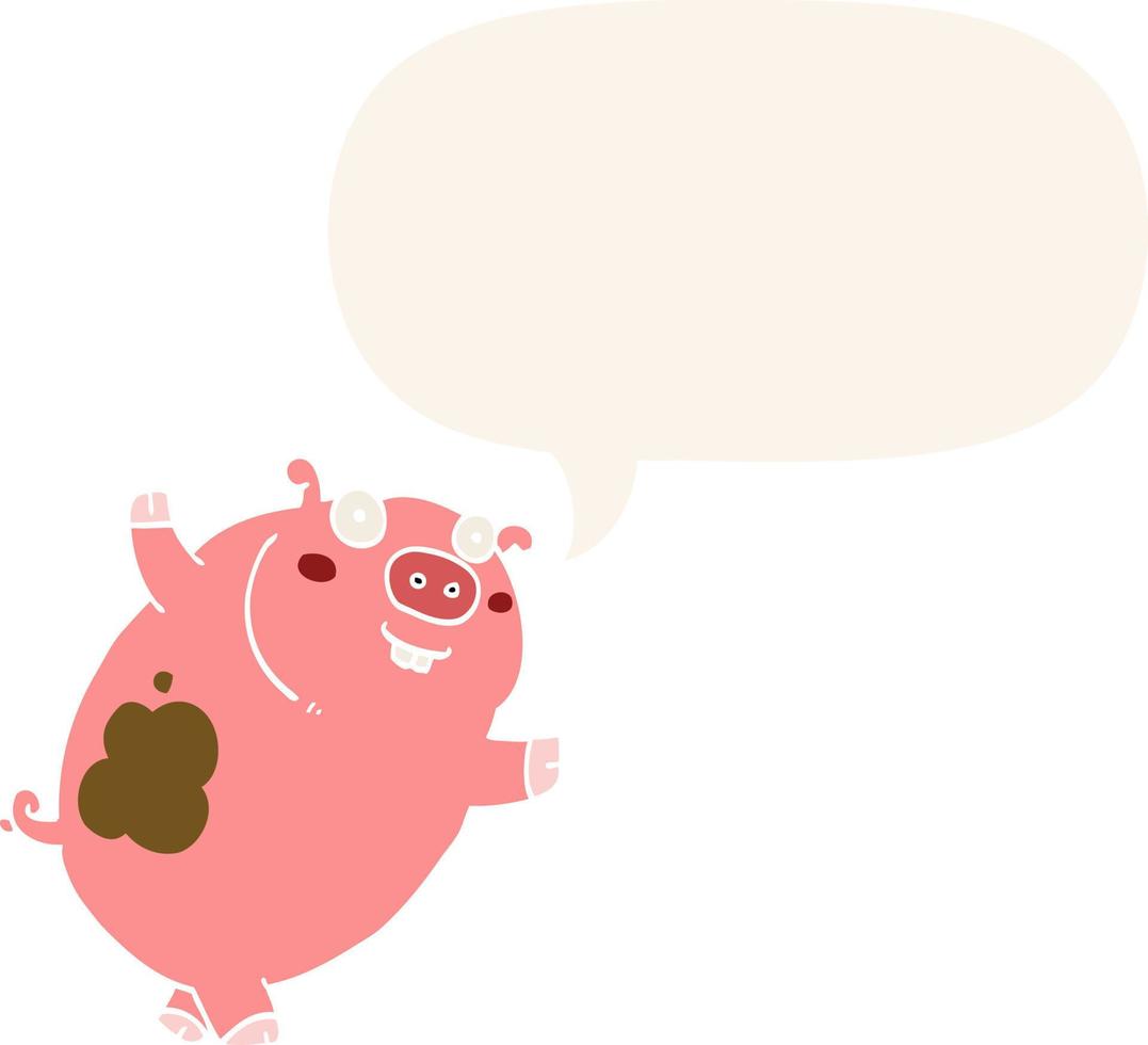 drôle de cochon de dessin animé et bulle de dialogue dans un style rétro vecteur