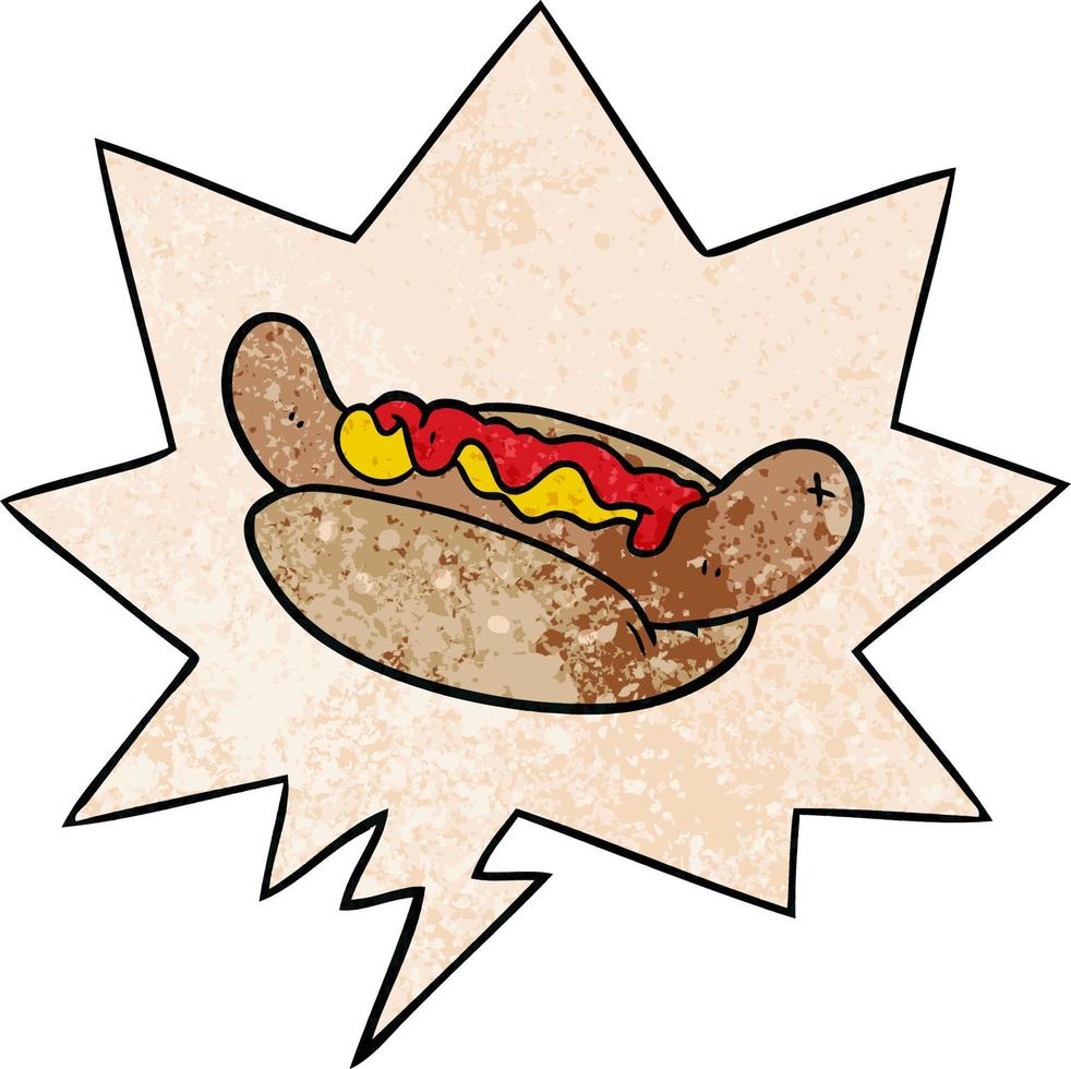 dessin animé frais savoureux hot-dog et bulle de dialogue dans un style de texture rétro vecteur