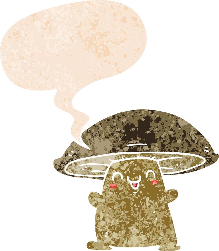 personnage de champignon de dessin animé et bulle de dialogue dans un style texturé rétro vecteur