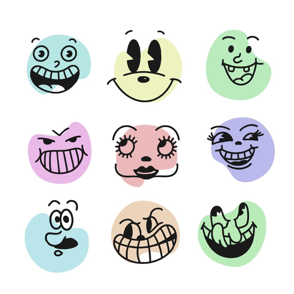 sourire visage emoji rétro. visages de personnages de dessins animés des années 30. illustration vectorielle de sourire comique vintage vecteur