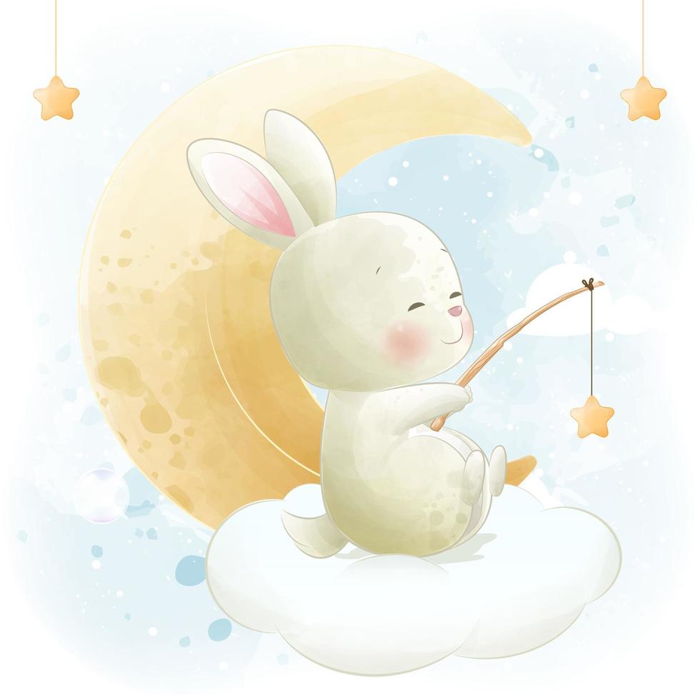 lapin heureux pêchant sur l'illustration aquarelle de la lune vecteur