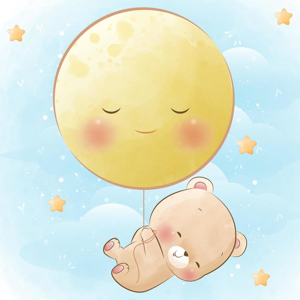 mignon petit ours volant avec la lune vecteur