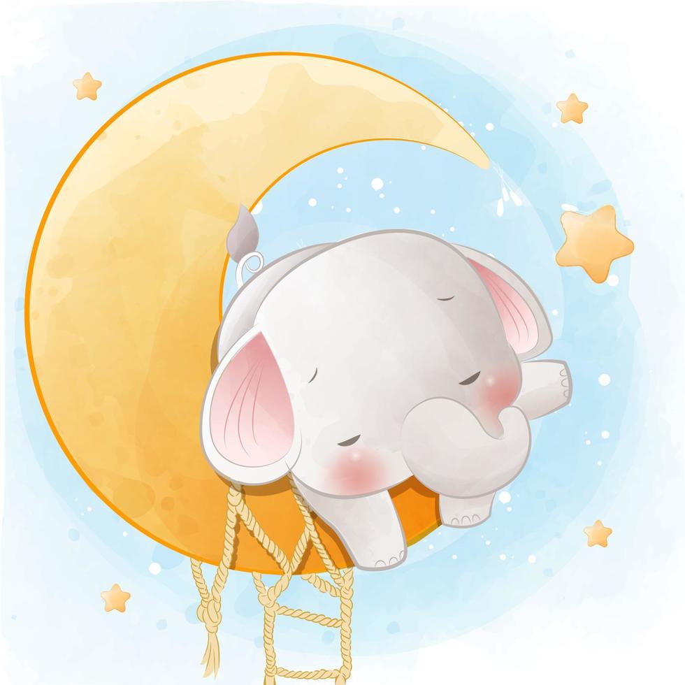 mignon bébé éléphant dormant sur un croissant de lune vecteur