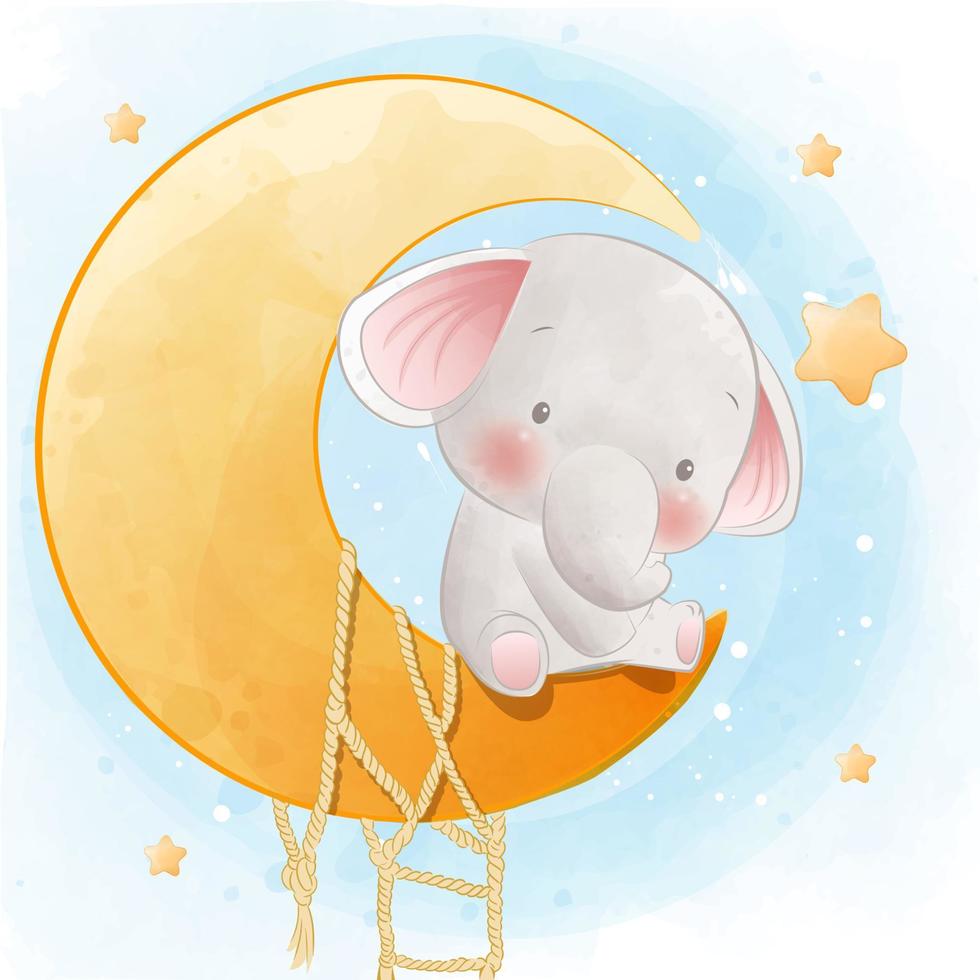 éléphant mignon assis sur l'illustration de dessin animé aquarelle lune et étoile vecteur