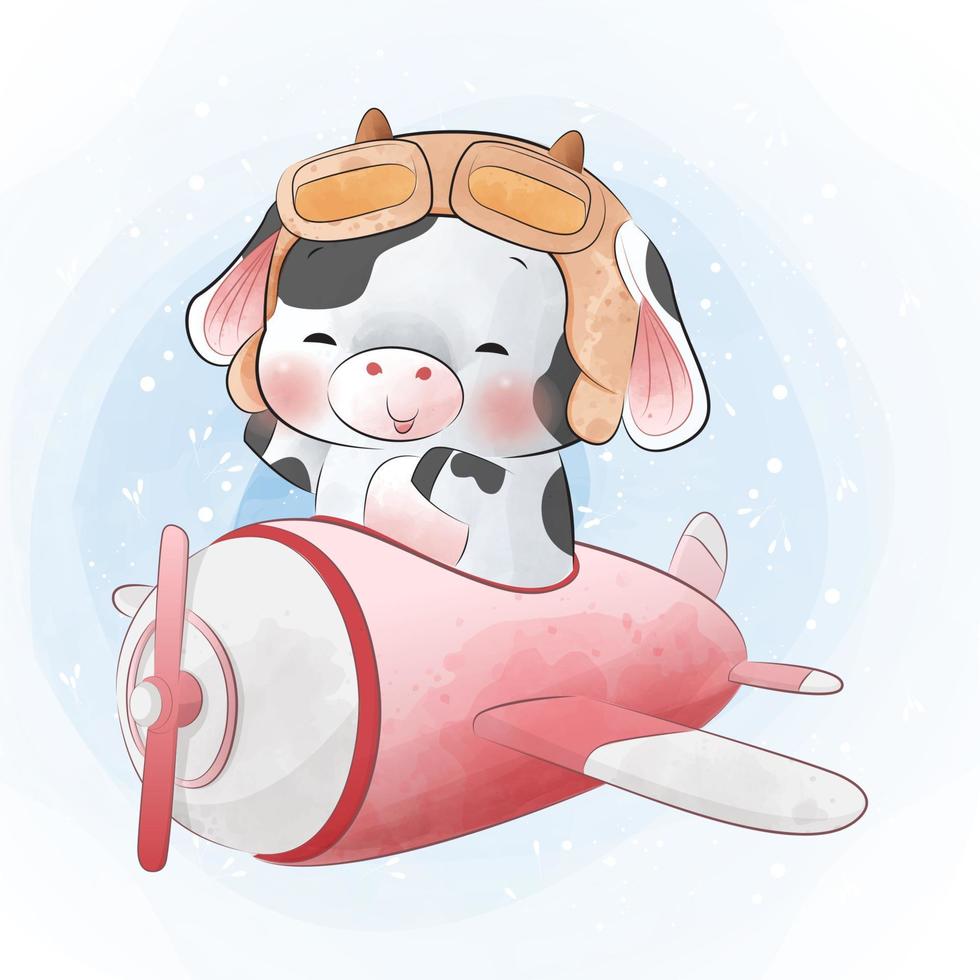 mignonne petite vache volant sur l'illustration aquarelle de dessin animé d'avion vecteur